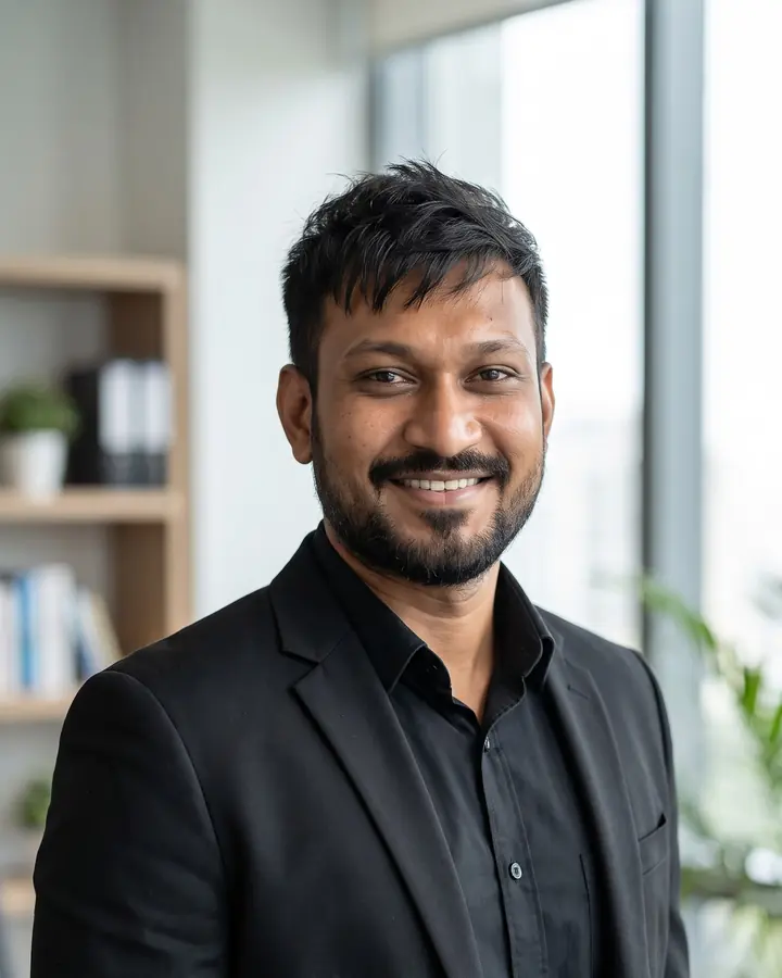 Pranav Veerani, digital marketing consultant and trainer in Ahmedabad, smiling in his office