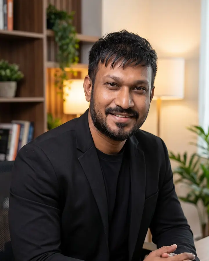 Pranav Veerani seated at his desk in a modern office