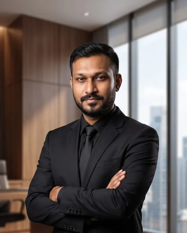 Pranav Veerani standing with arms crossed in a city office